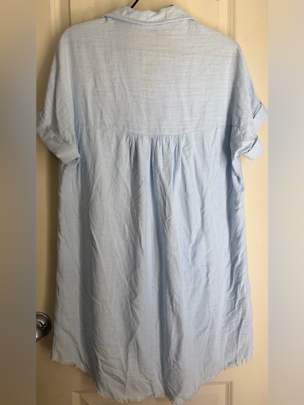 Umgee sky blue Linen/rayon V-Neck Collared Dress with High Low Frayed Hem S boho - Picture 8 of 10